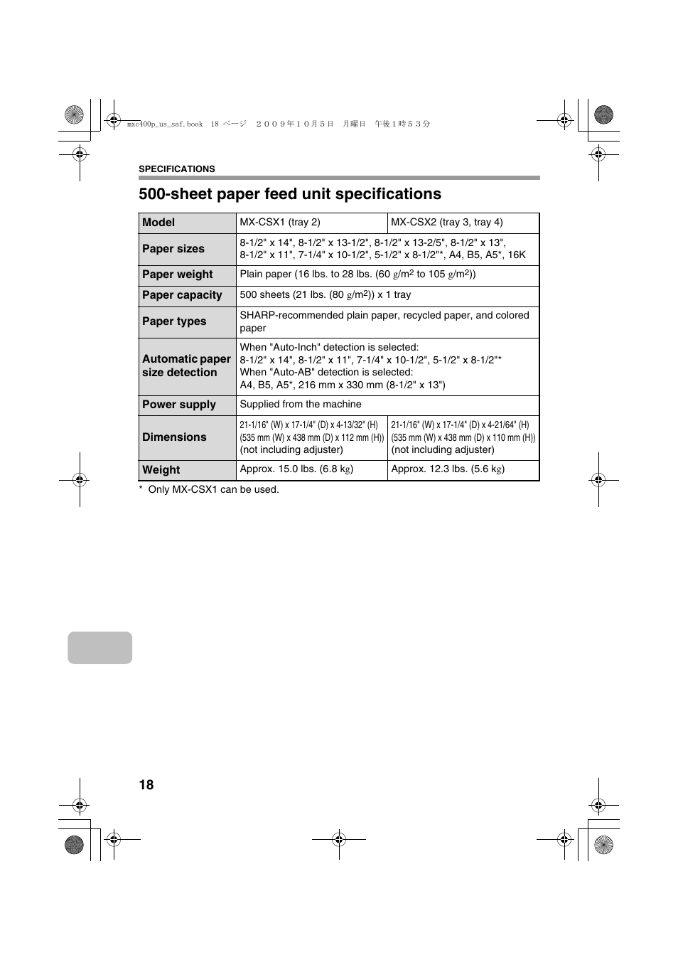 Sheet paper feed unit specifications | Sharp MX-C400P User Manual | Page 20 / 28