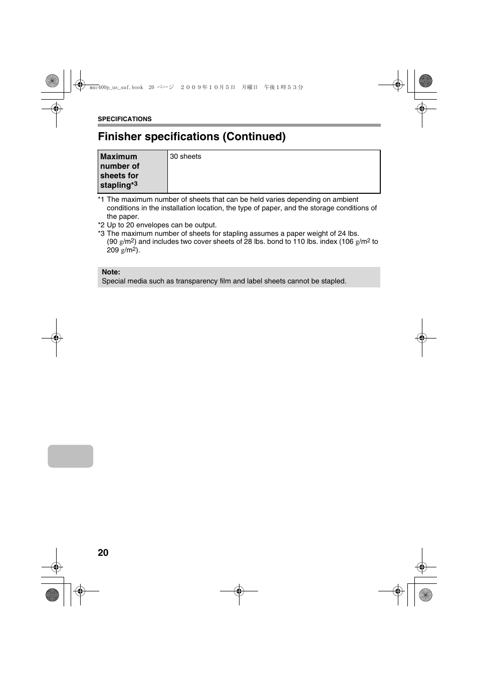 Finisher specifications (continued) | Sharp MX-C400P User Manual | Page 22 / 28