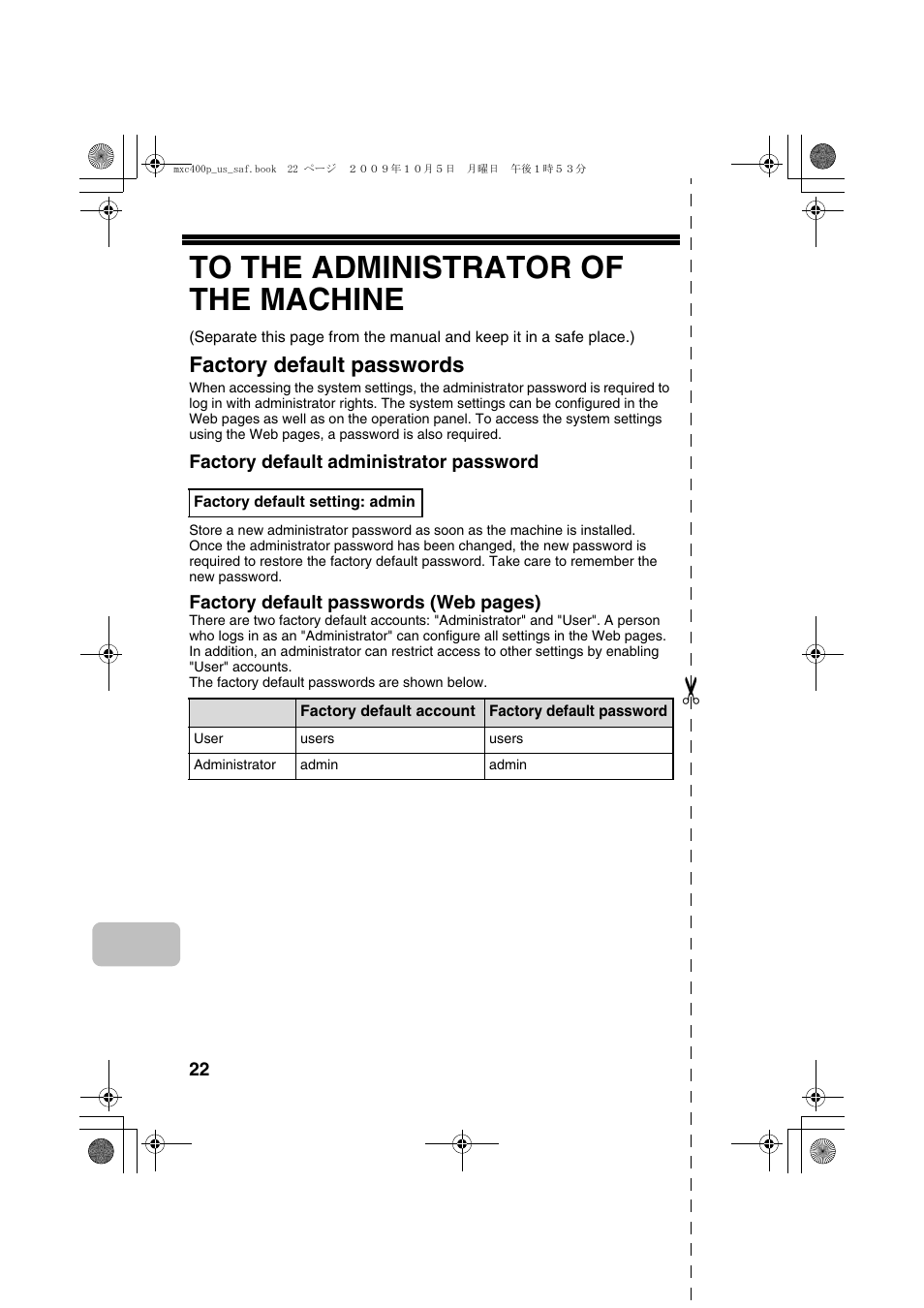 Factory default passwords | Sharp MX-C400P User Manual | Page 24 / 28