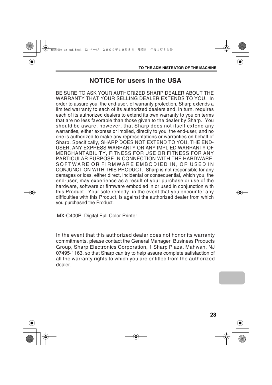 Notice for users in the usa | Sharp MX-C400P User Manual | Page 25 / 28