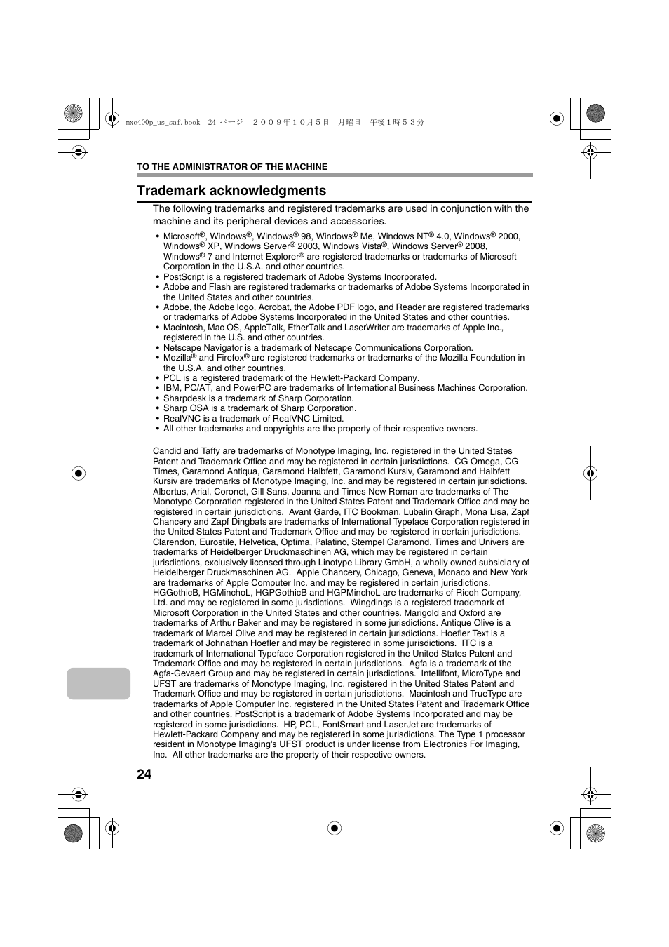 Trademark acknowledgments | Sharp MX-C400P User Manual | Page 26 / 28