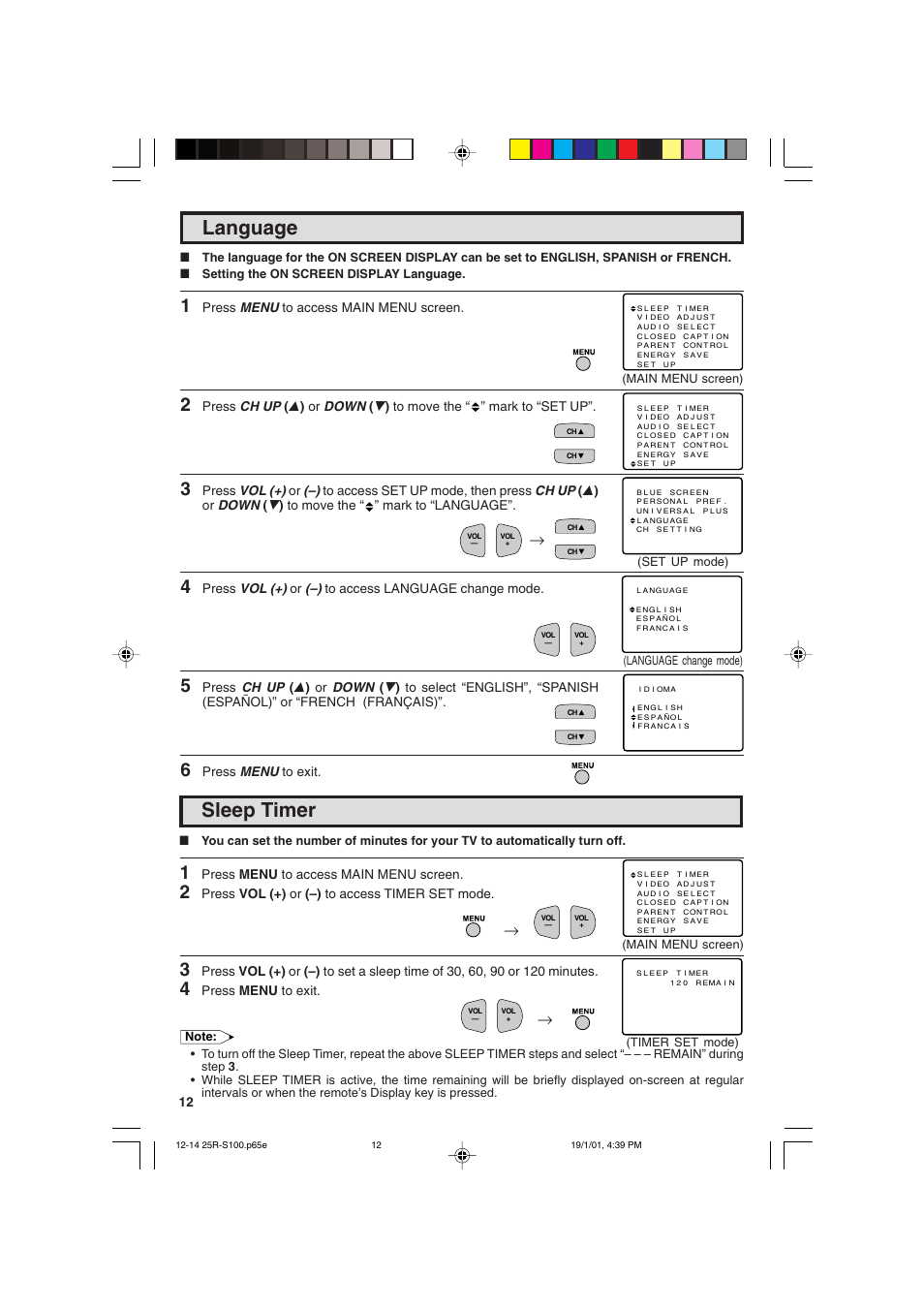 Sleep timer, Language, Press menu to access main menu screen | Press menu to exit, Press vol (+) or (–) to access timer set mode | Sharp 25R S100 User Manual | Page 12 / 44