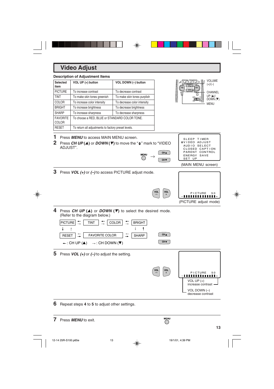 Video adjust | Sharp 25R S100 User Manual | Page 13 / 44