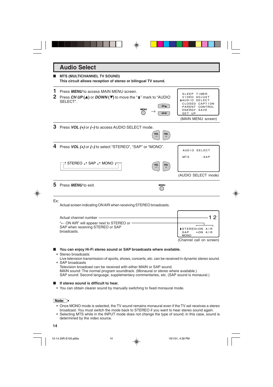 Audio select | Sharp 25R S100 User Manual | Page 14 / 44