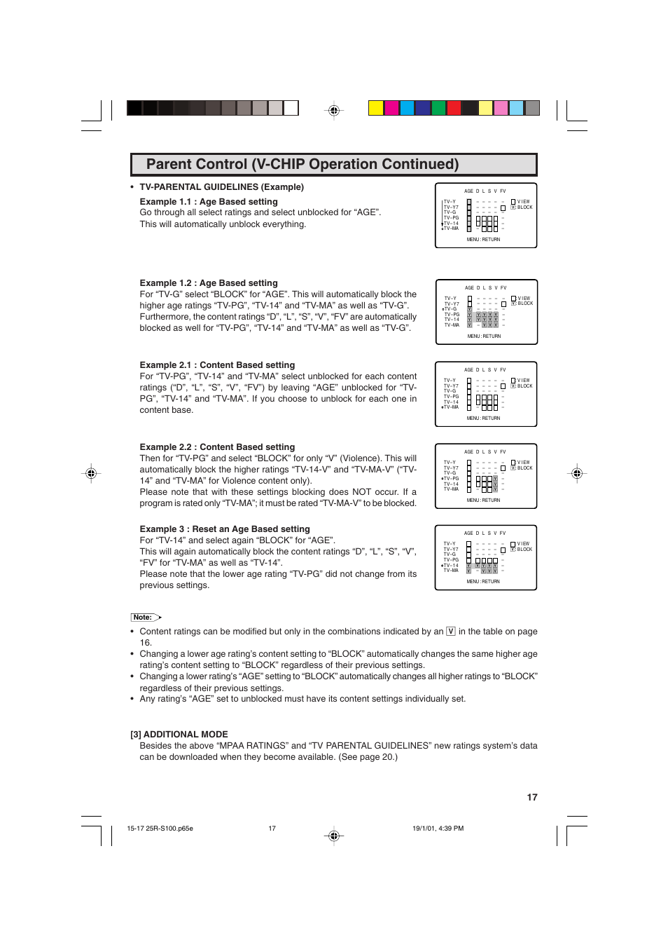 Parent control (v-chip operation continued) | Sharp 25R S100 User Manual | Page 17 / 44