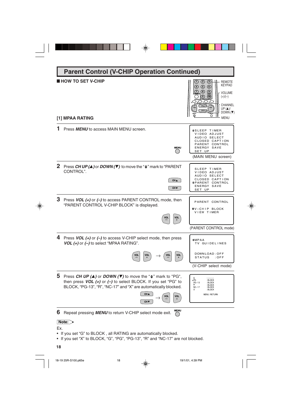 Parent control (v-chip operation continued), L how to set v-chip [1] mpaa rating, Press menu to access main menu screen | Sharp 25R S100 User Manual | Page 18 / 44