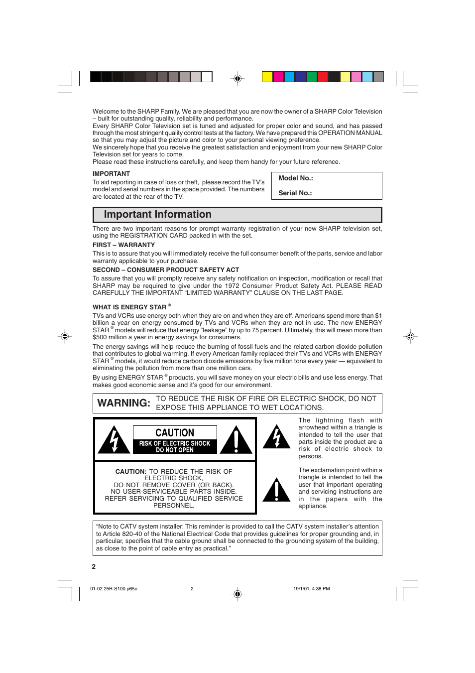 Important information, Warning | Sharp 25R S100 User Manual | Page 2 / 44