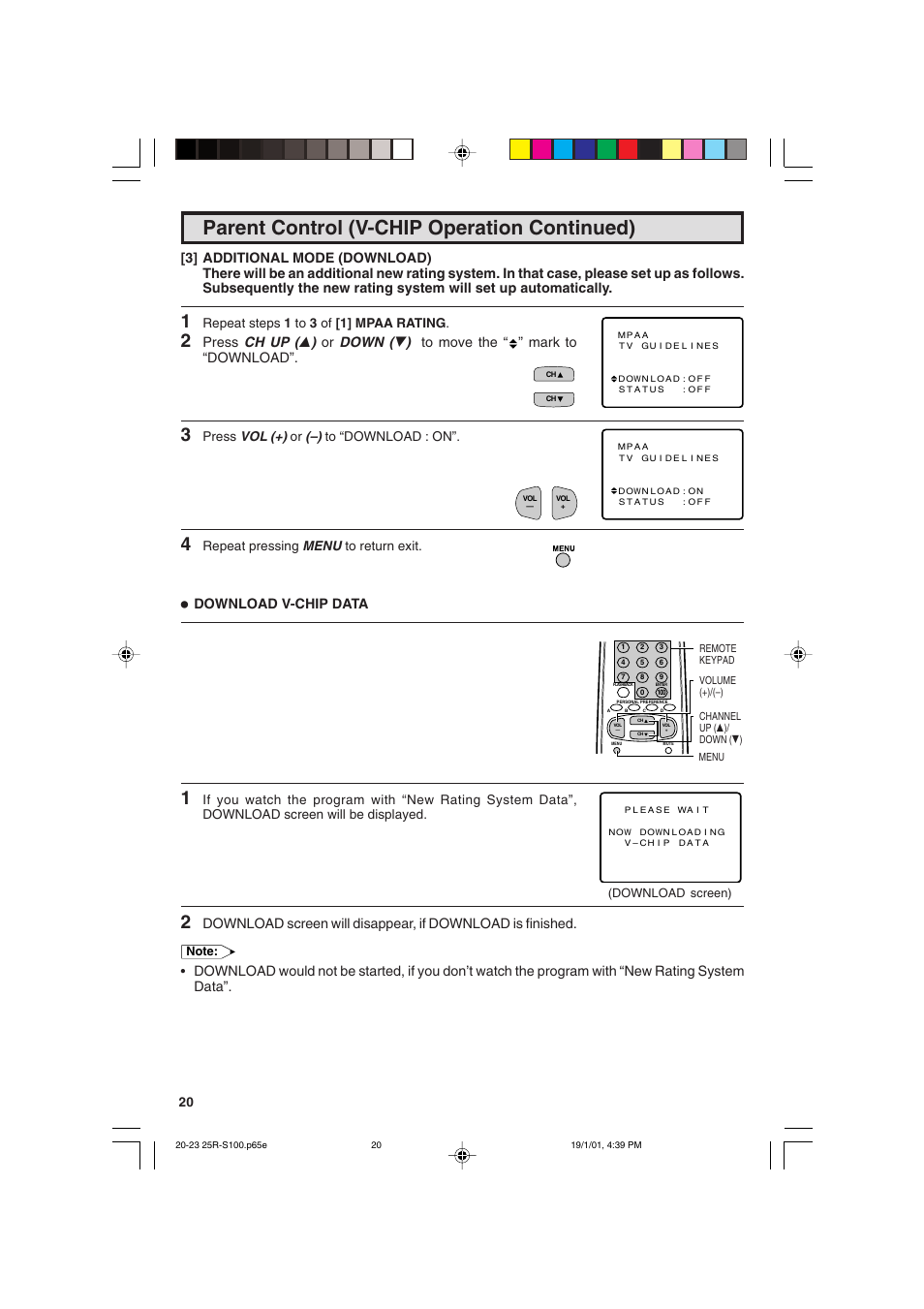 Parent control (v-chip operation continued), Download v-chip data, Repeat steps 1 to 3 of [1] mpaa rating | Press vol (+) or (–) to “download : on, Repeat pressing menu to return exit | Sharp 25R S100 User Manual | Page 20 / 44