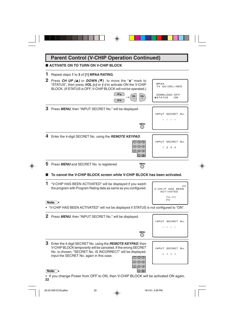 Parent control (v-chip operation continued) | Sharp 25R S100 User Manual | Page 22 / 44