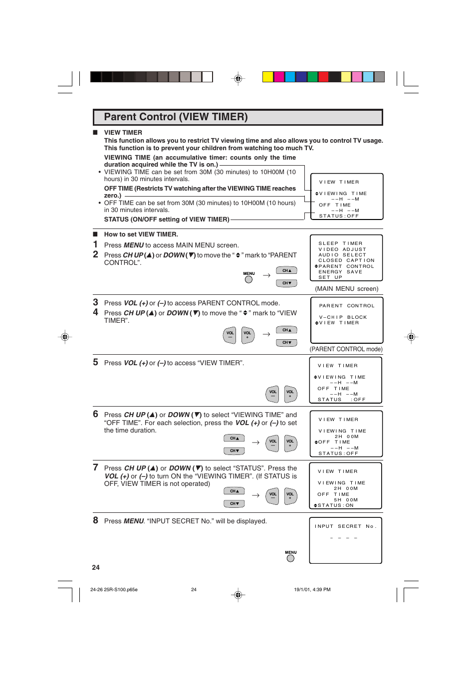 Parent control (view timer) | Sharp 25R S100 User Manual | Page 24 / 44