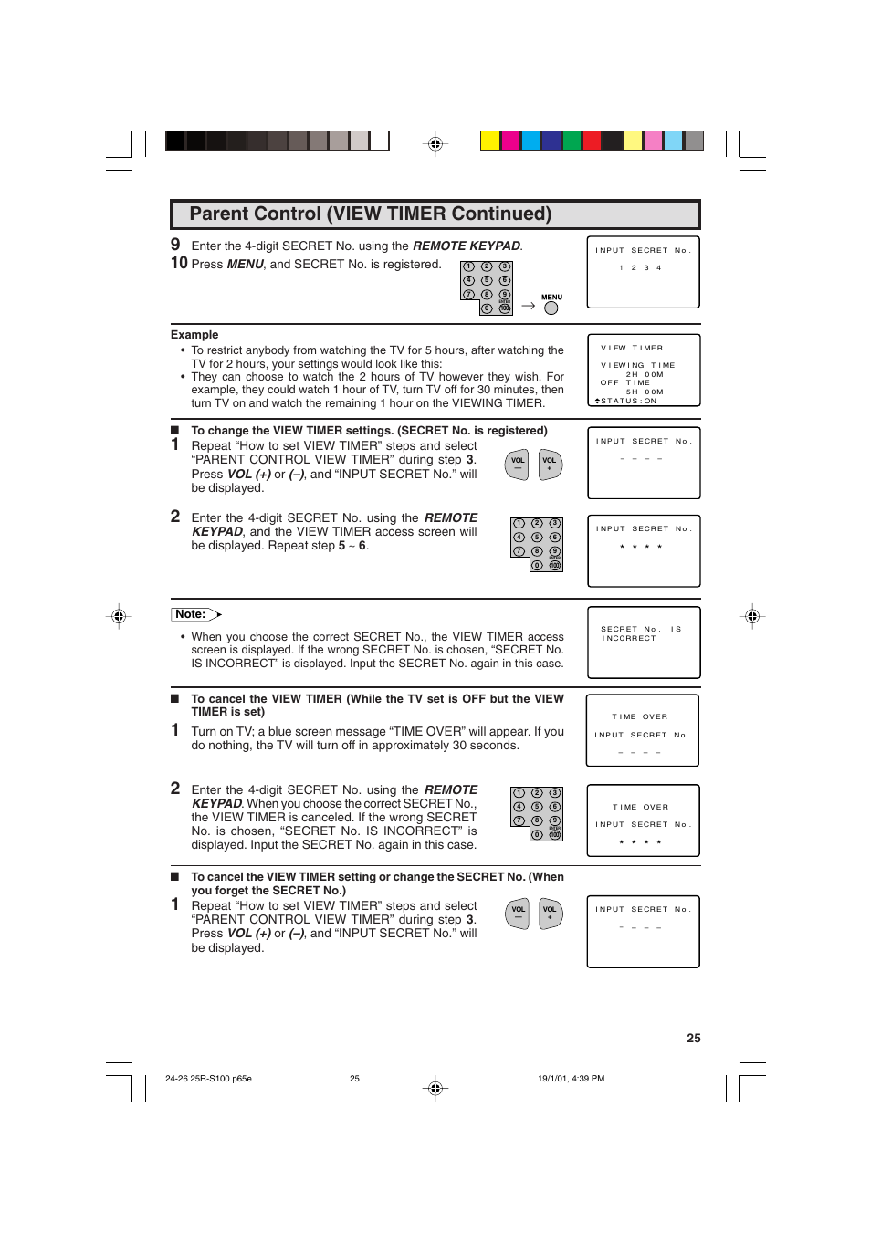 Parent control (view timer continued), Press menu , and secret no. is registered | Sharp 25R S100 User Manual | Page 25 / 44