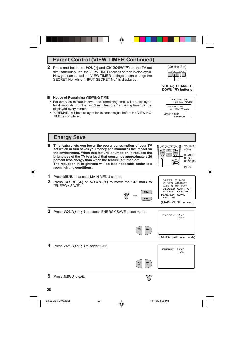 Energy save, Parent control (view timer continued) | Sharp 25R S100 User Manual | Page 26 / 44