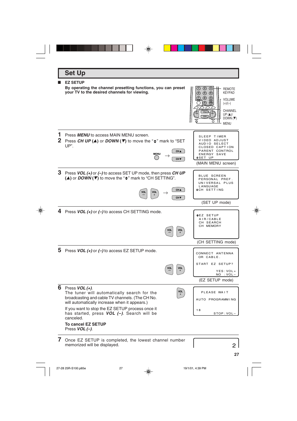 Set up, Press menu to access main menu screen, Press vol (+) or (–) to access ch setting mode | Press vol (+) or (–) to access ez setup mode | Sharp 25R S100 User Manual | Page 27 / 44