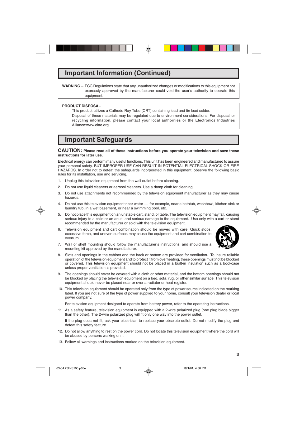 Important information (continued), Important safeguards, Caution | Sharp 25R S100 User Manual | Page 3 / 44