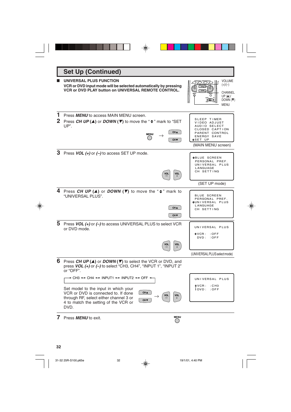 Set up (continued), Press menu to access main menu screen, Press vol (+) or (–) to access set up mode | Press menu to exit | Sharp 25R S100 User Manual | Page 32 / 44