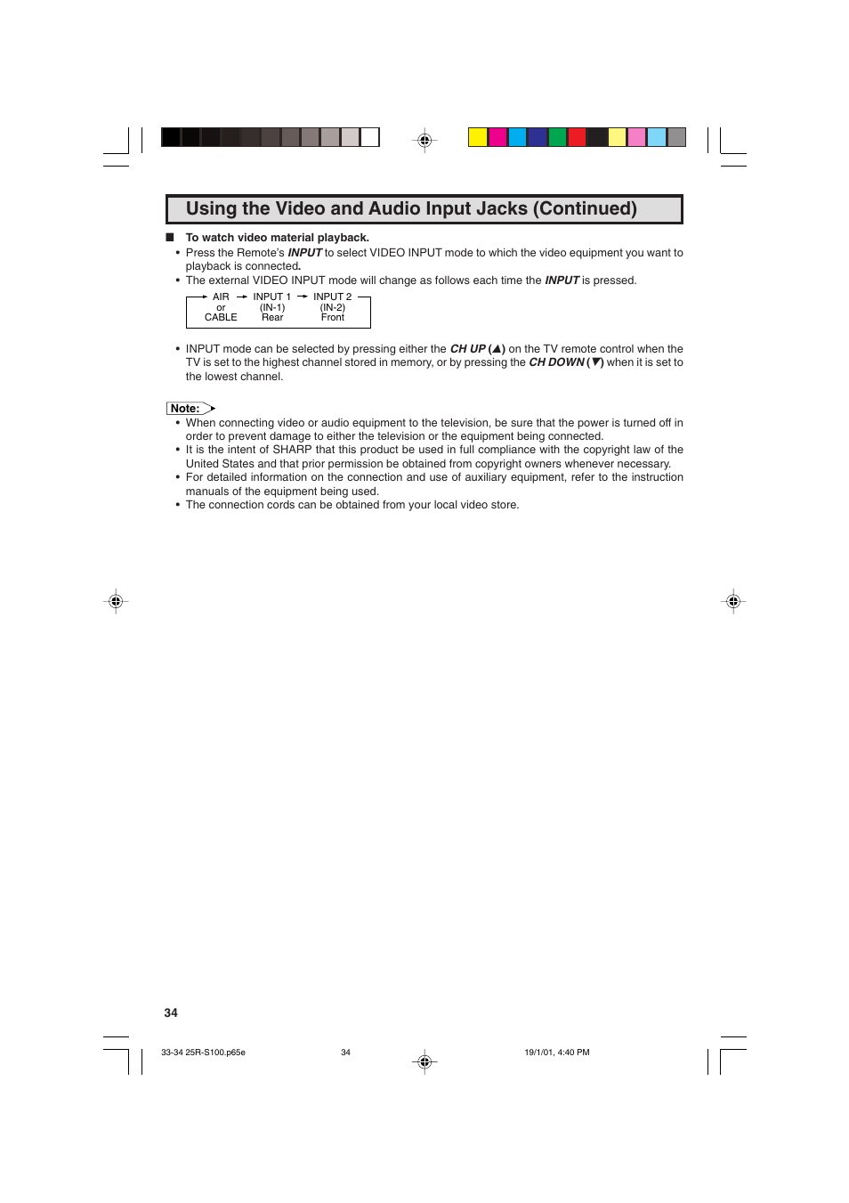 Using the video and audio input jacks (continued) | Sharp 25R S100 User Manual | Page 34 / 44