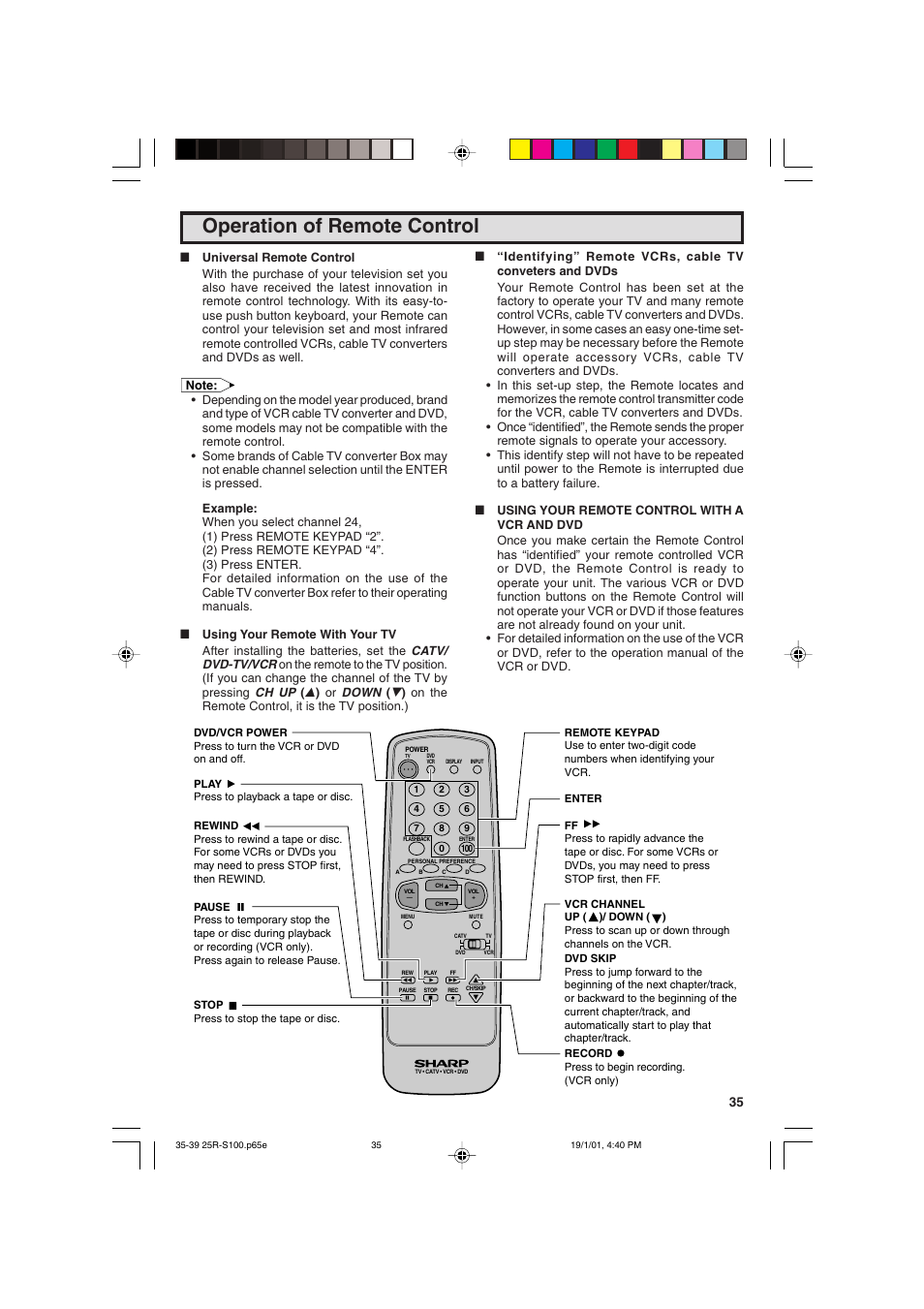 Operation of remote control | Sharp 25R S100 User Manual | Page 35 / 44