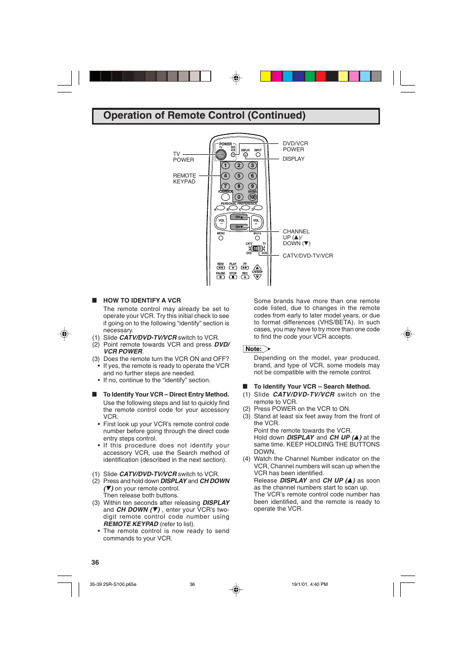 Operation of remote control (continued) | Sharp 25R S100 User Manual | Page 36 / 44