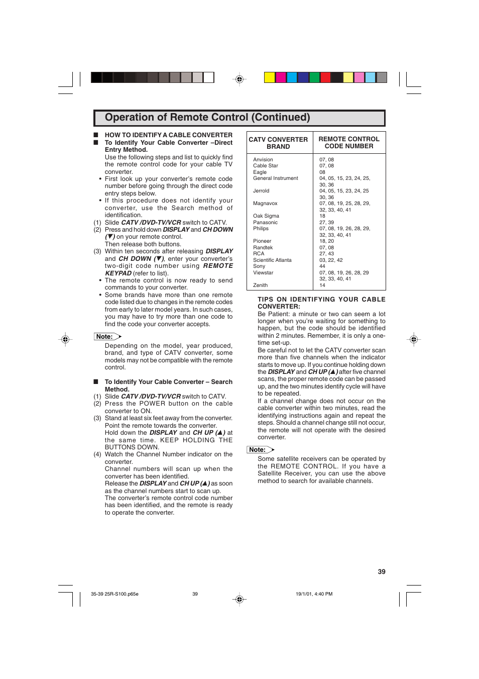 Operation of remote control (continued) | Sharp 25R S100 User Manual | Page 39 / 44