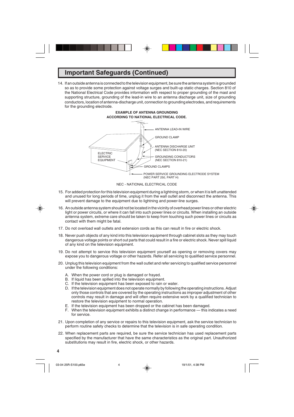 Important safeguards (continued) | Sharp 25R S100 User Manual | Page 4 / 44