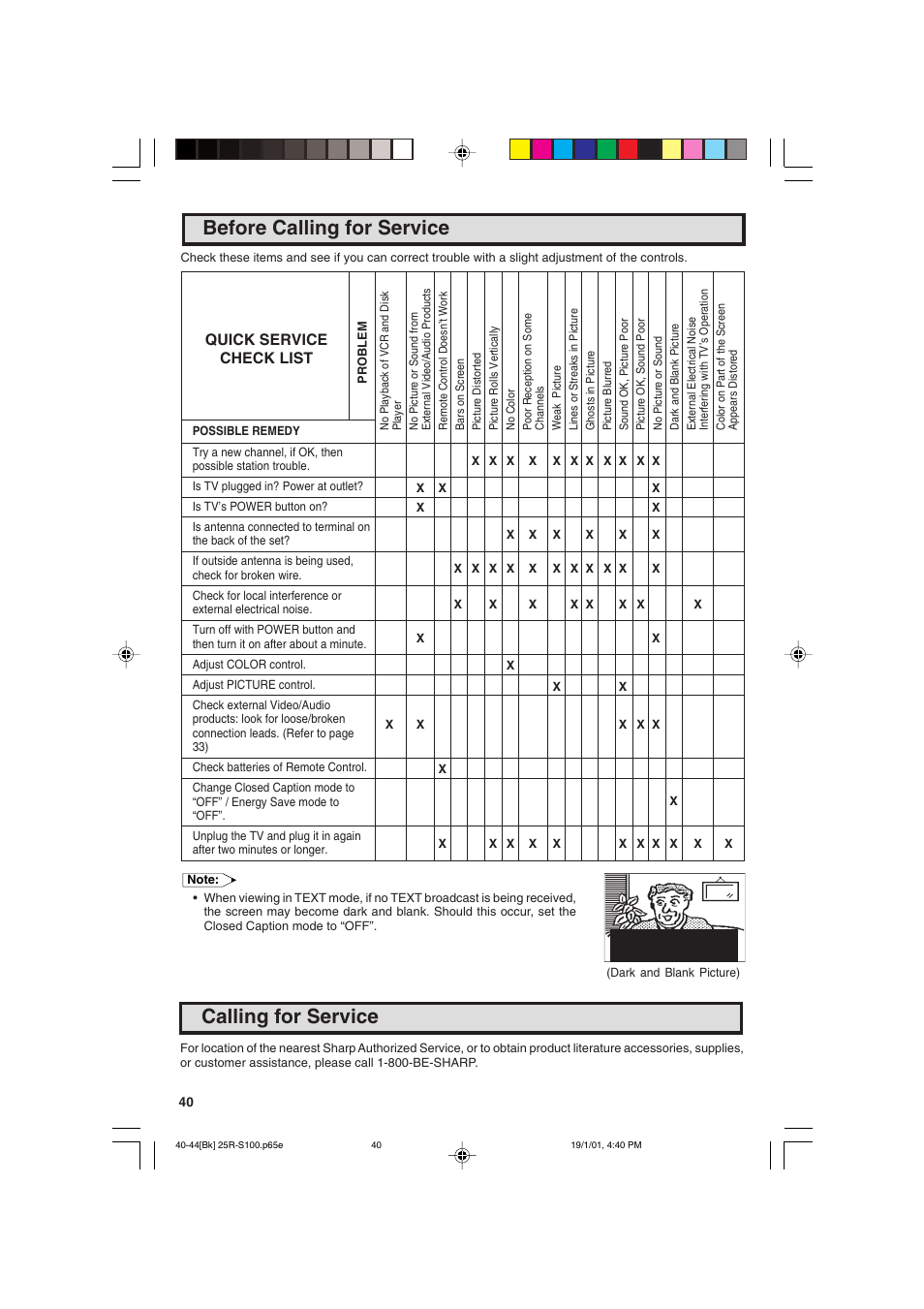 Before calling for service, Calling for service, Quick service check list | Sharp 25R S100 User Manual | Page 40 / 44