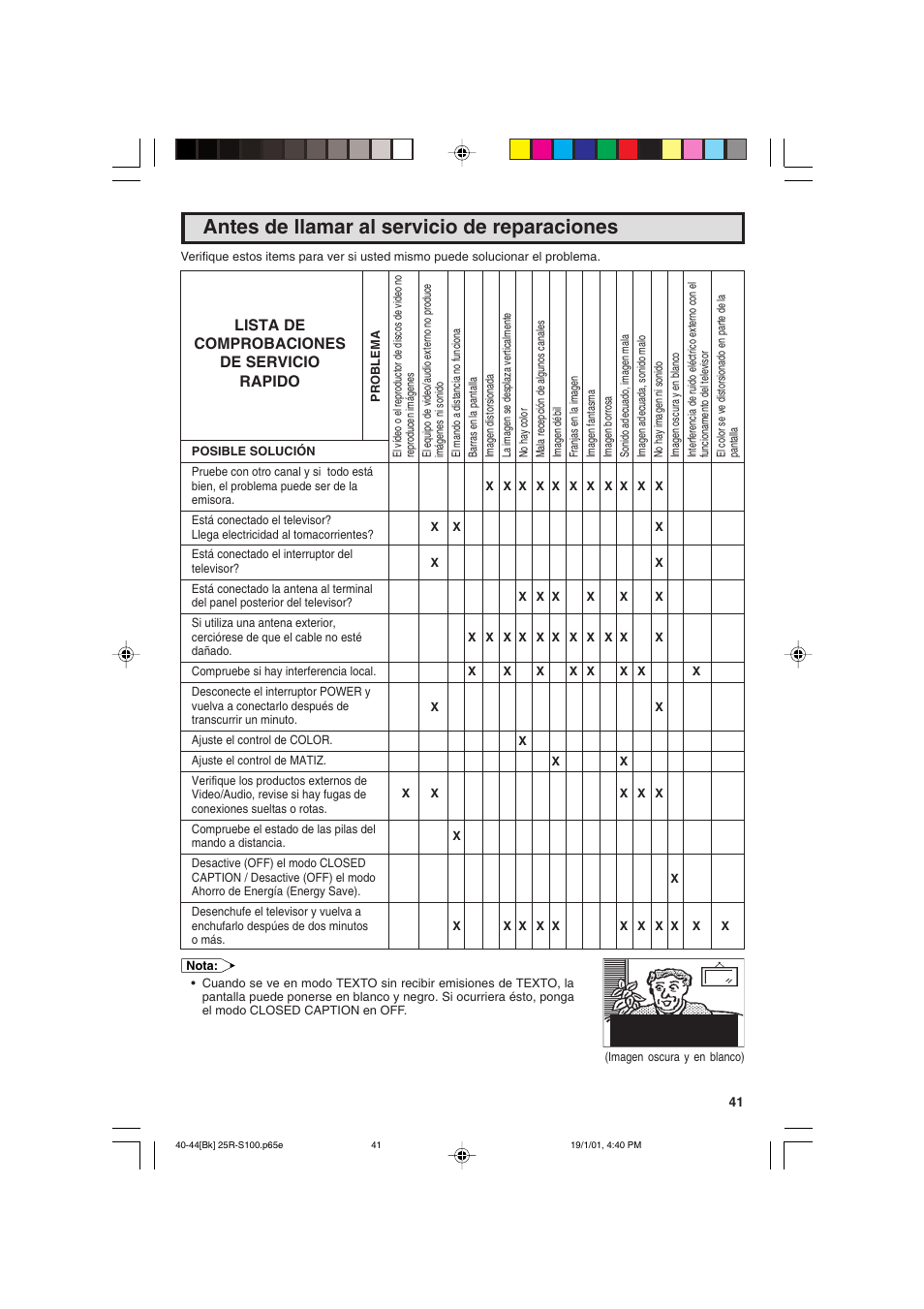 Antes de llamar al servicio de reparaciones, Lista de comprobaciones de servicio rapido | Sharp 25R S100 User Manual | Page 41 / 44