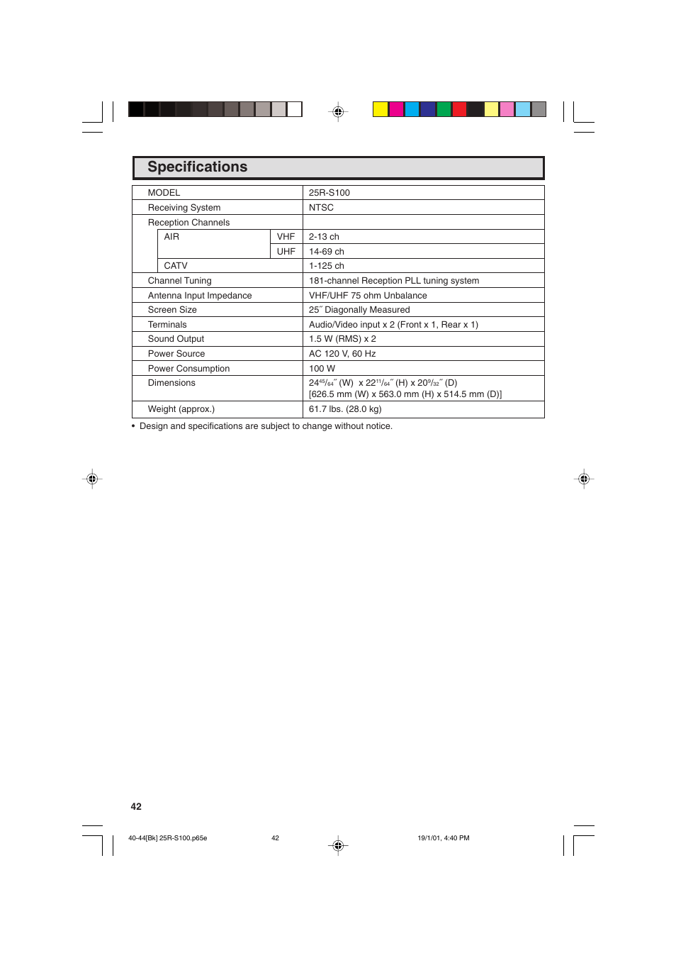 Specifications | Sharp 25R S100 User Manual | Page 42 / 44