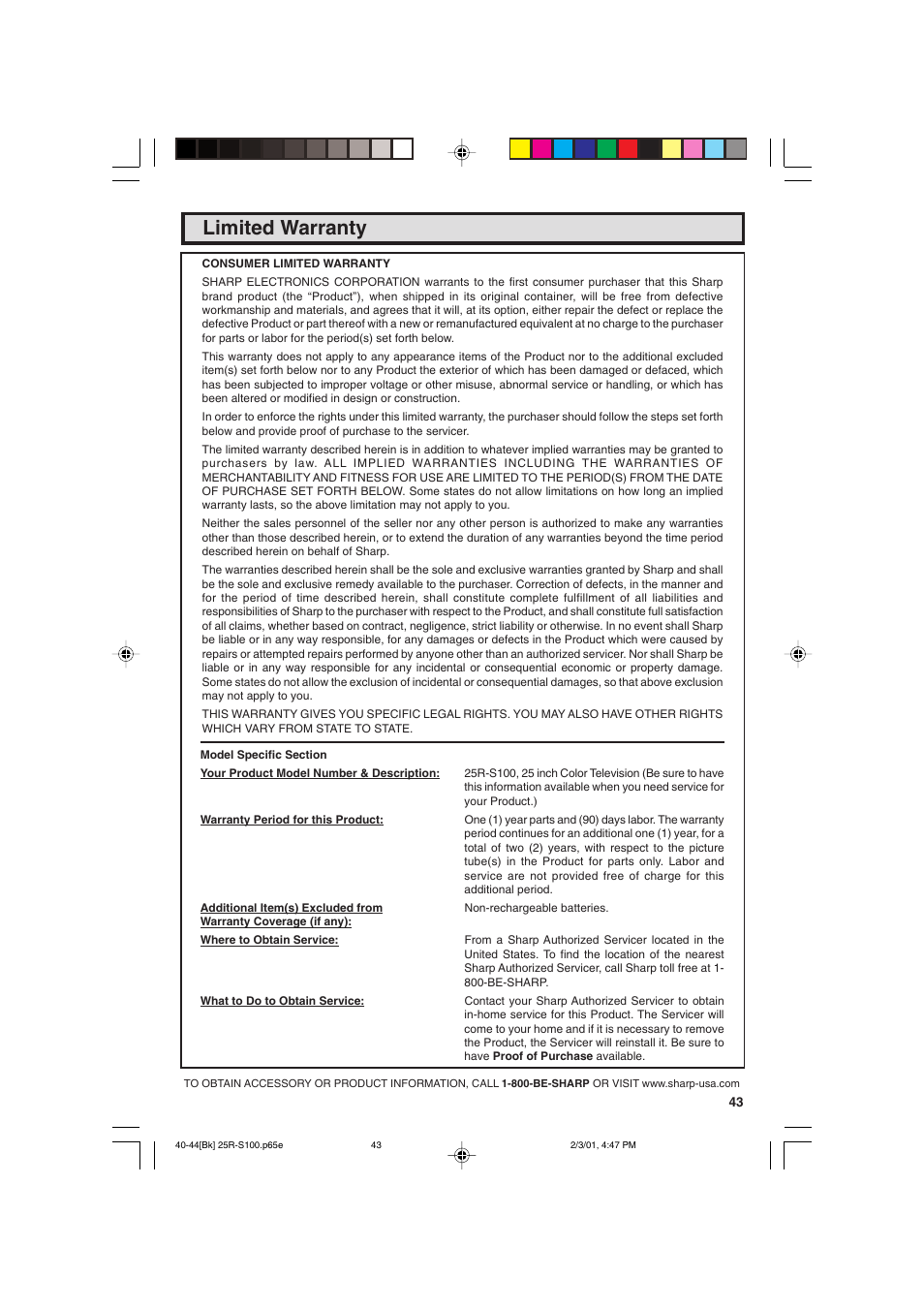 Limited warranty | Sharp 25R S100 User Manual | Page 43 / 44