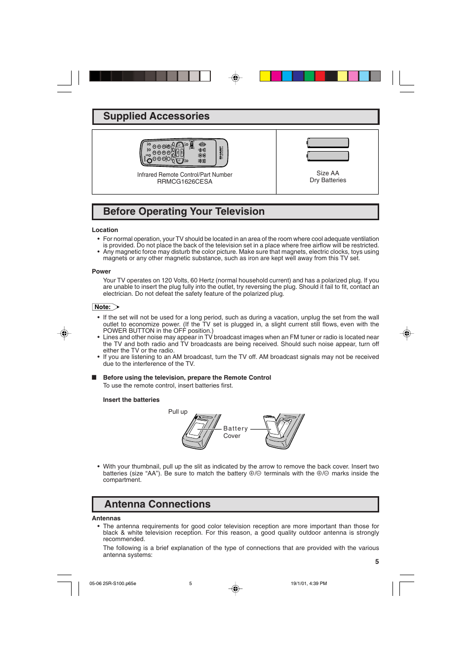 Before operating your television, Supplied accessories, Antenna connections | Sharp 25R S100 User Manual | Page 5 / 44
