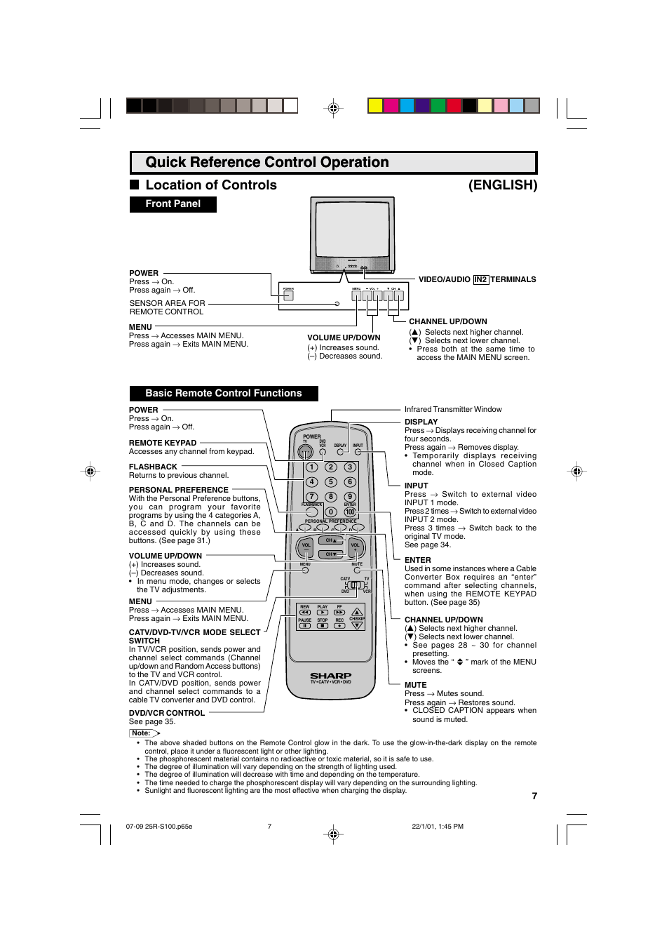 Quick reference control operation, L location of controls (english), Basic remote control functions | Front panel | Sharp 25R S100 User Manual | Page 7 / 44