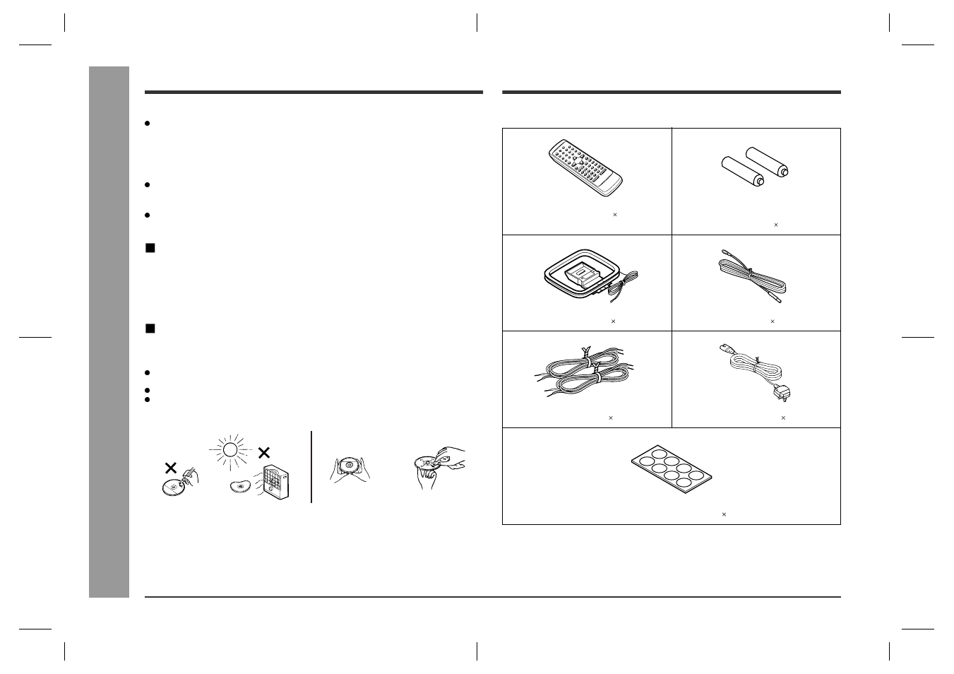 Accessories, Ge ne ral inf o rma tion, Precautions (continued) | Volume control, Care of compact discs | Sharp SD-CX1H User Manual | Page 6 / 64