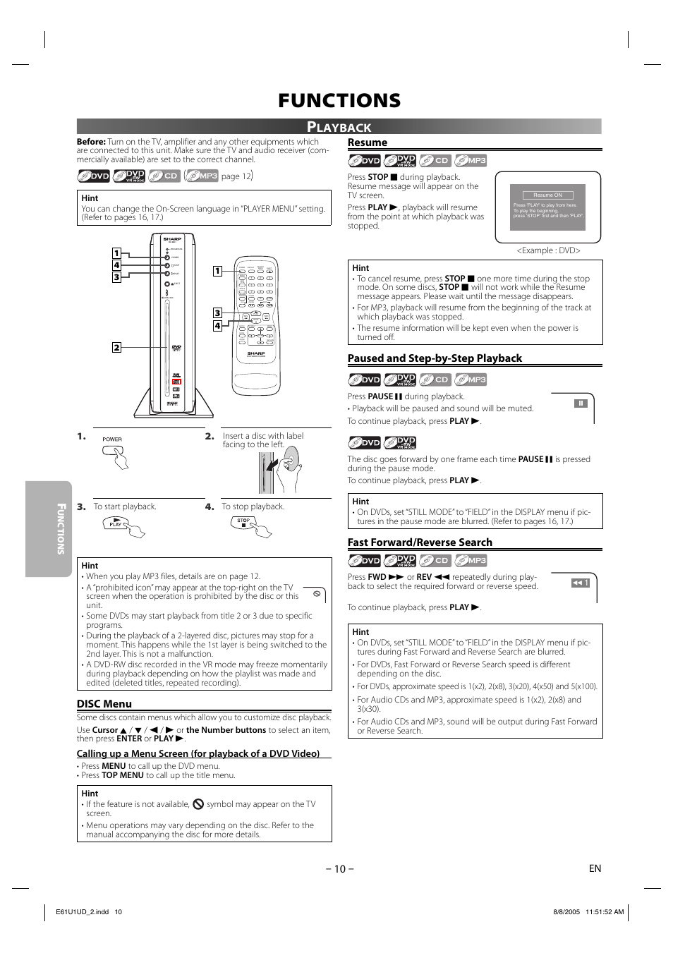 Functions, Disc menu, Resume | Paused and step-by-step playback, Fast forward/reverse search, Layback, Label-side 3, Unc tions | Sharp DV-MX1U User Manual | Page 10 / 24