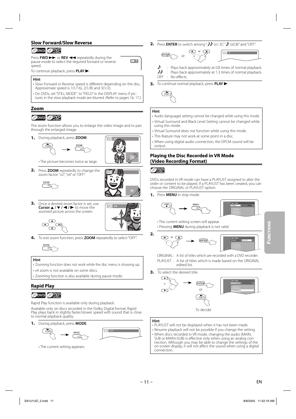 Slow forward/slow reverse, Zoom, Rapid play | Sharp DV-MX1U User Manual | Page 11 / 24