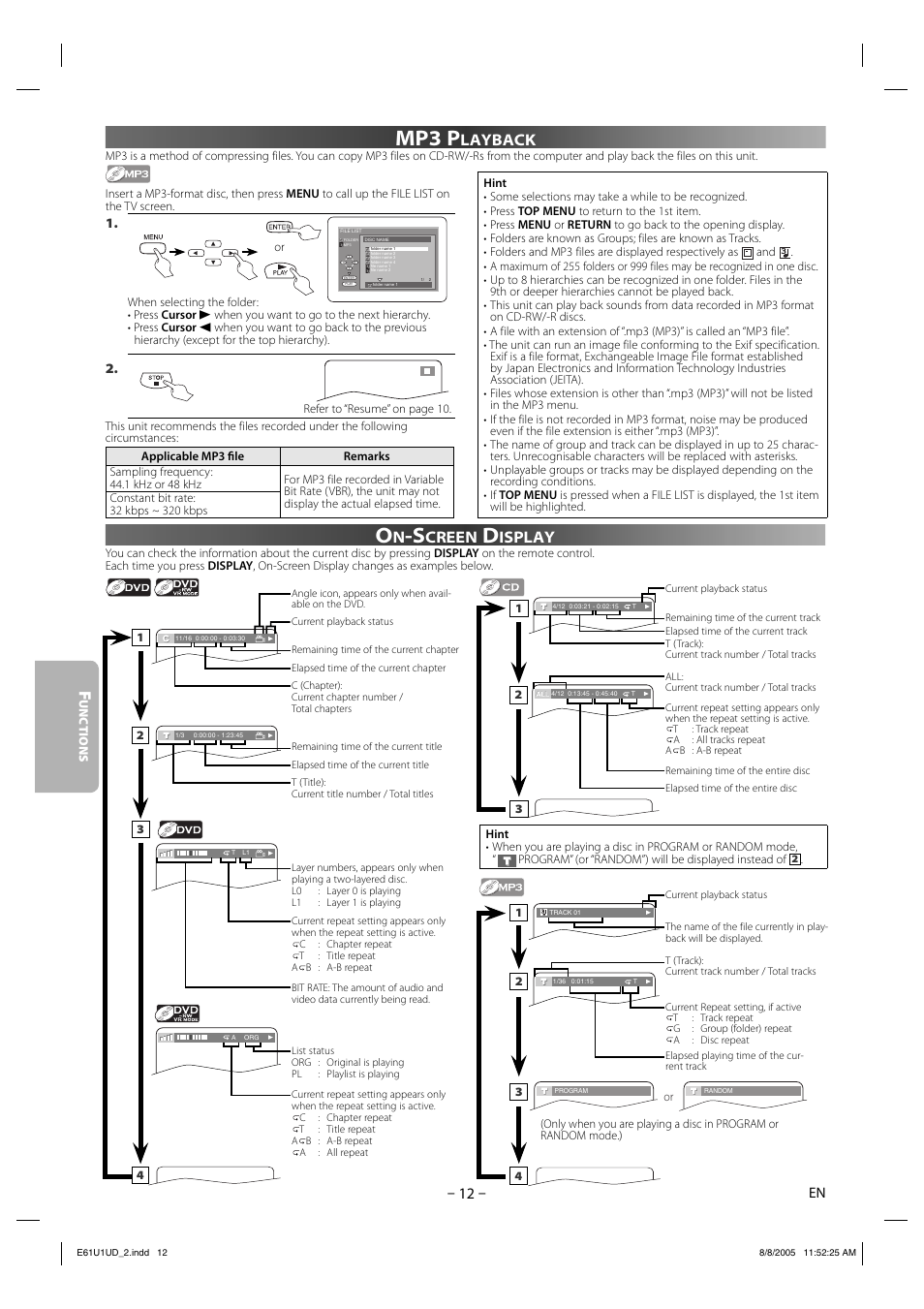 Mp3 p, Layback, Creen | Isplay | Sharp DV-MX1U User Manual | Page 12 / 24