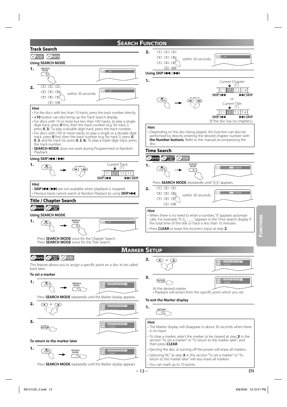 Earch, Unction track search, Title / chapter search | Time search, Arker, Etup | Sharp DV-MX1U User Manual | Page 13 / 24