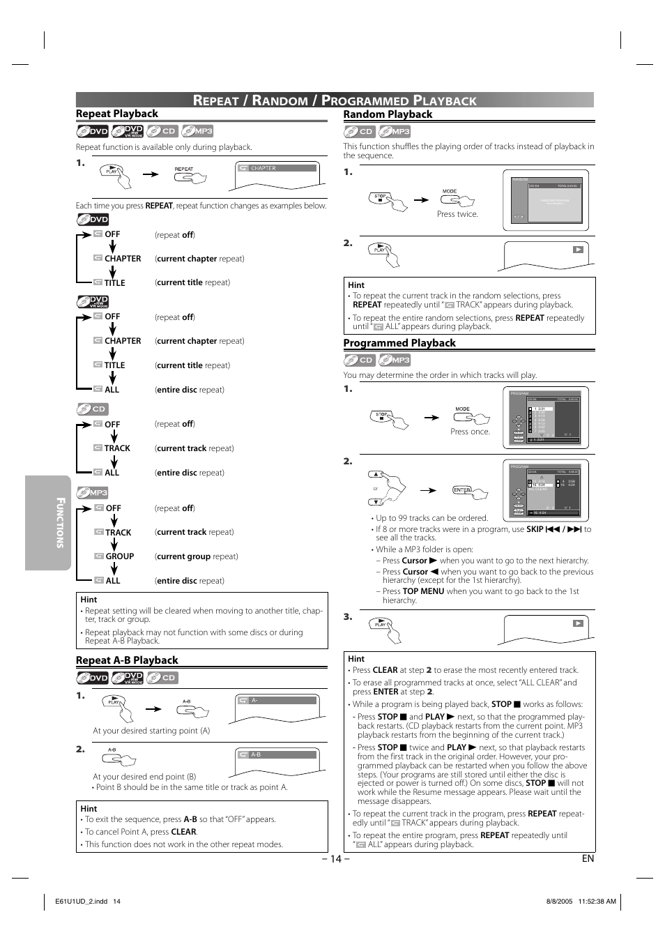 Repeat playback, Repeat a-b playback, Random playback | Programmed playback, Epeat, Andom, Rogrammed, Layback | Sharp DV-MX1U User Manual | Page 14 / 24