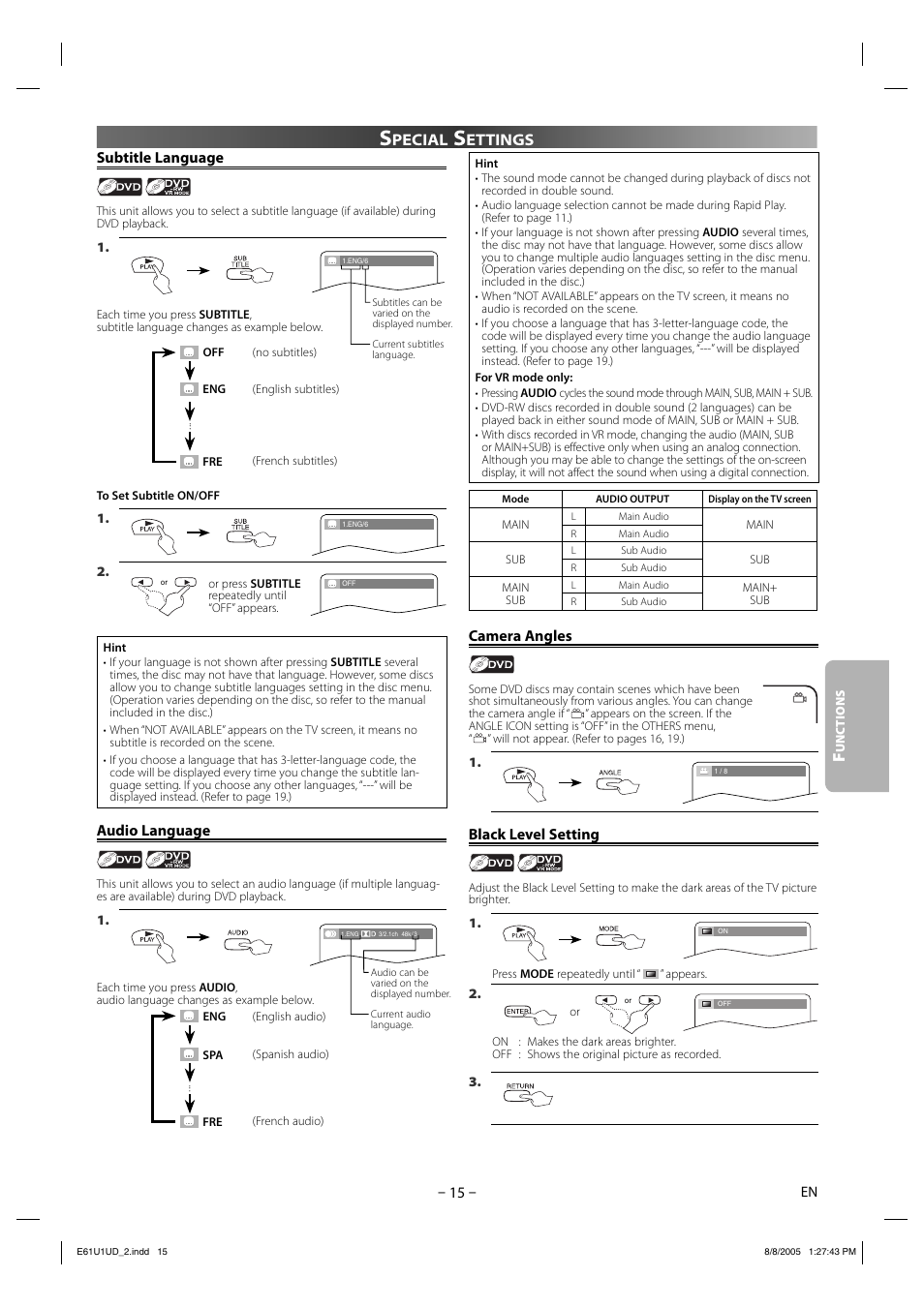 Pecial, Ettings subtitle language, Audio language | Camera angles, Black level setting | Sharp DV-MX1U User Manual | Page 15 / 24