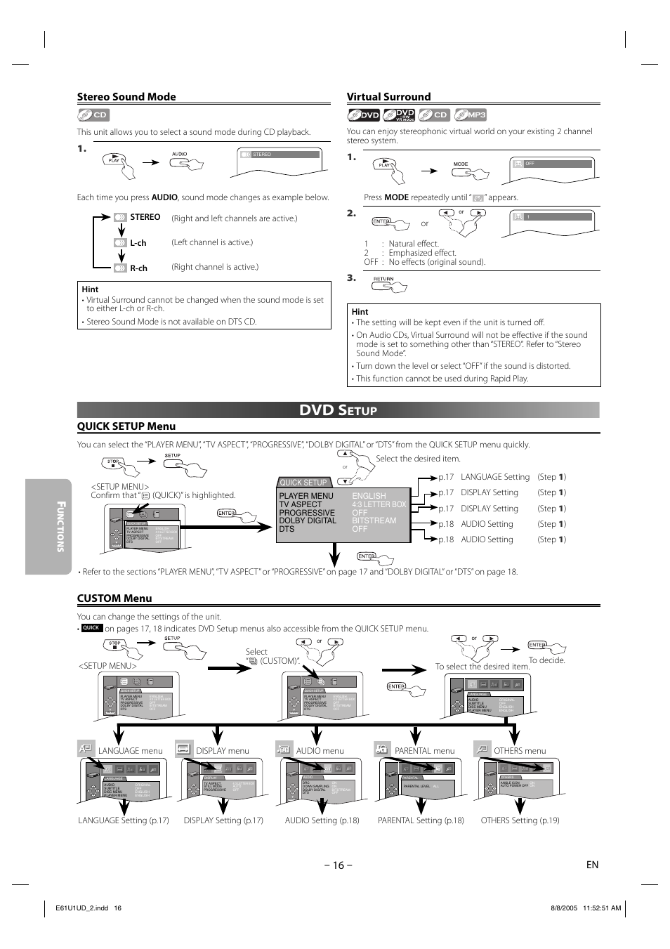 Dvd s, Custom menu stereo sound mode, Virtual surround | Etup quick setup menu | Sharp DV-MX1U User Manual | Page 16 / 24