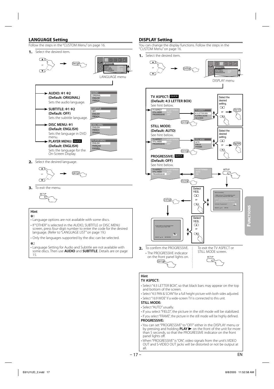 Language setting, Display setting, Unc tions | Sharp DV-MX1U User Manual | Page 17 / 24