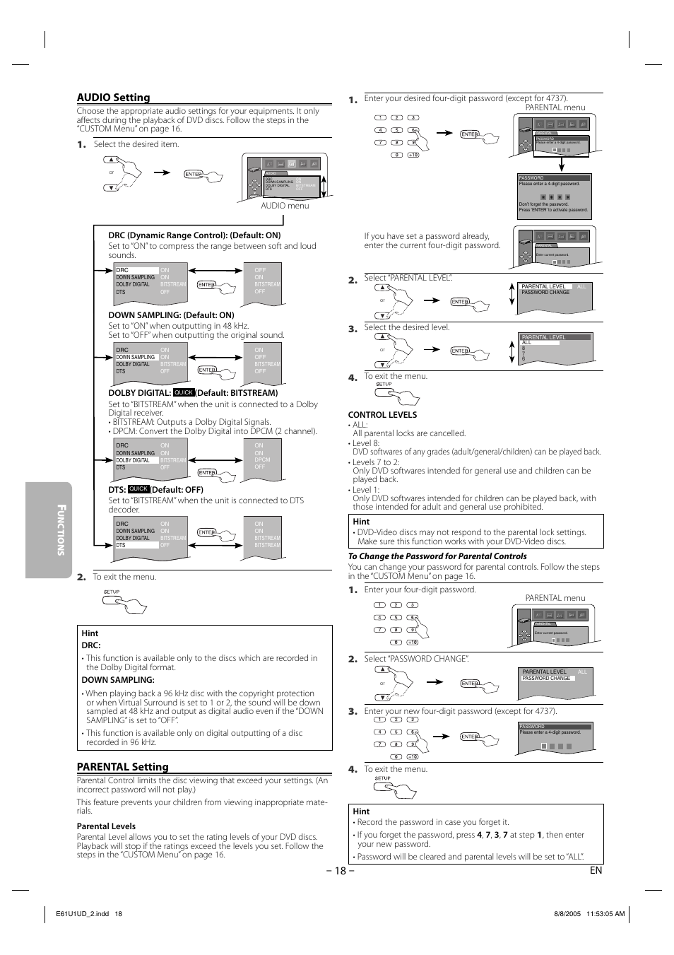 Audio setting, Parental setting | Sharp DV-MX1U User Manual | Page 18 / 24