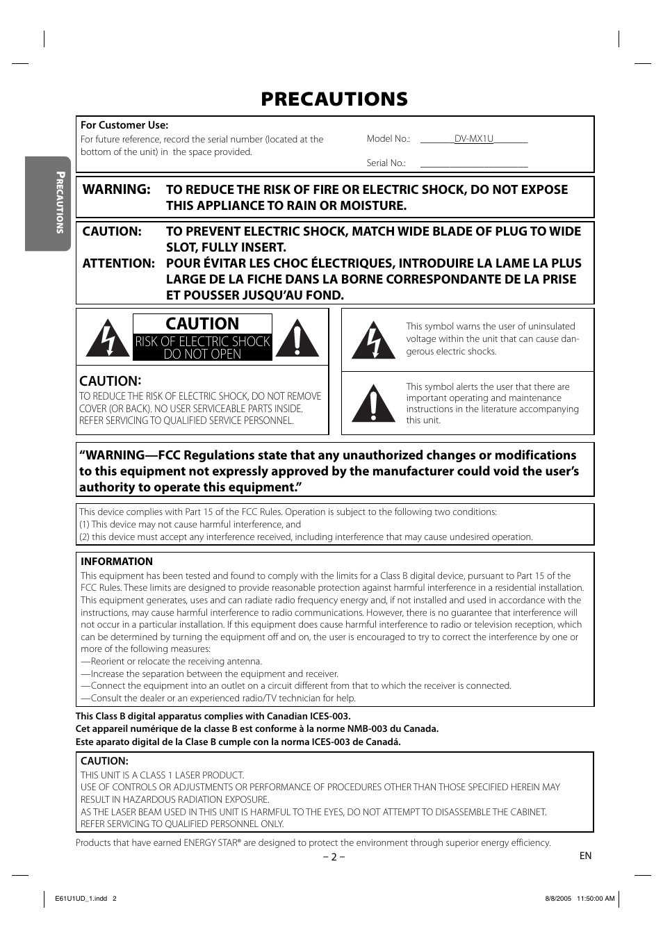 Precautions, Caution, Warning | Risk of electric shock do not open caution | Sharp DV-MX1U User Manual | Page 2 / 24