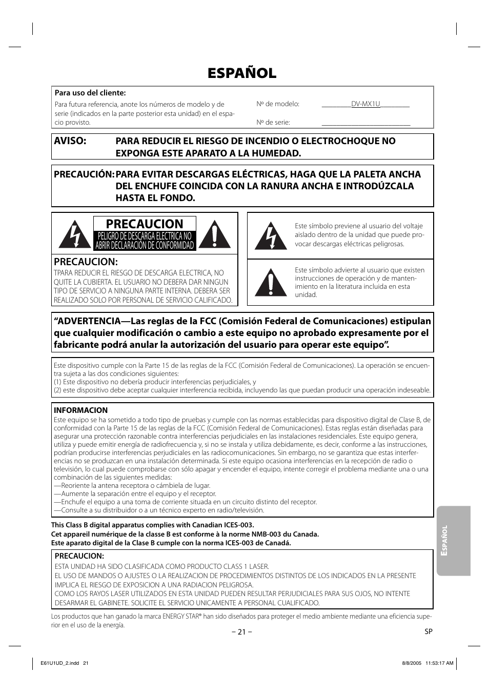 Español, Precaucion, Aviso | Sharp DV-MX1U User Manual | Page 21 / 24