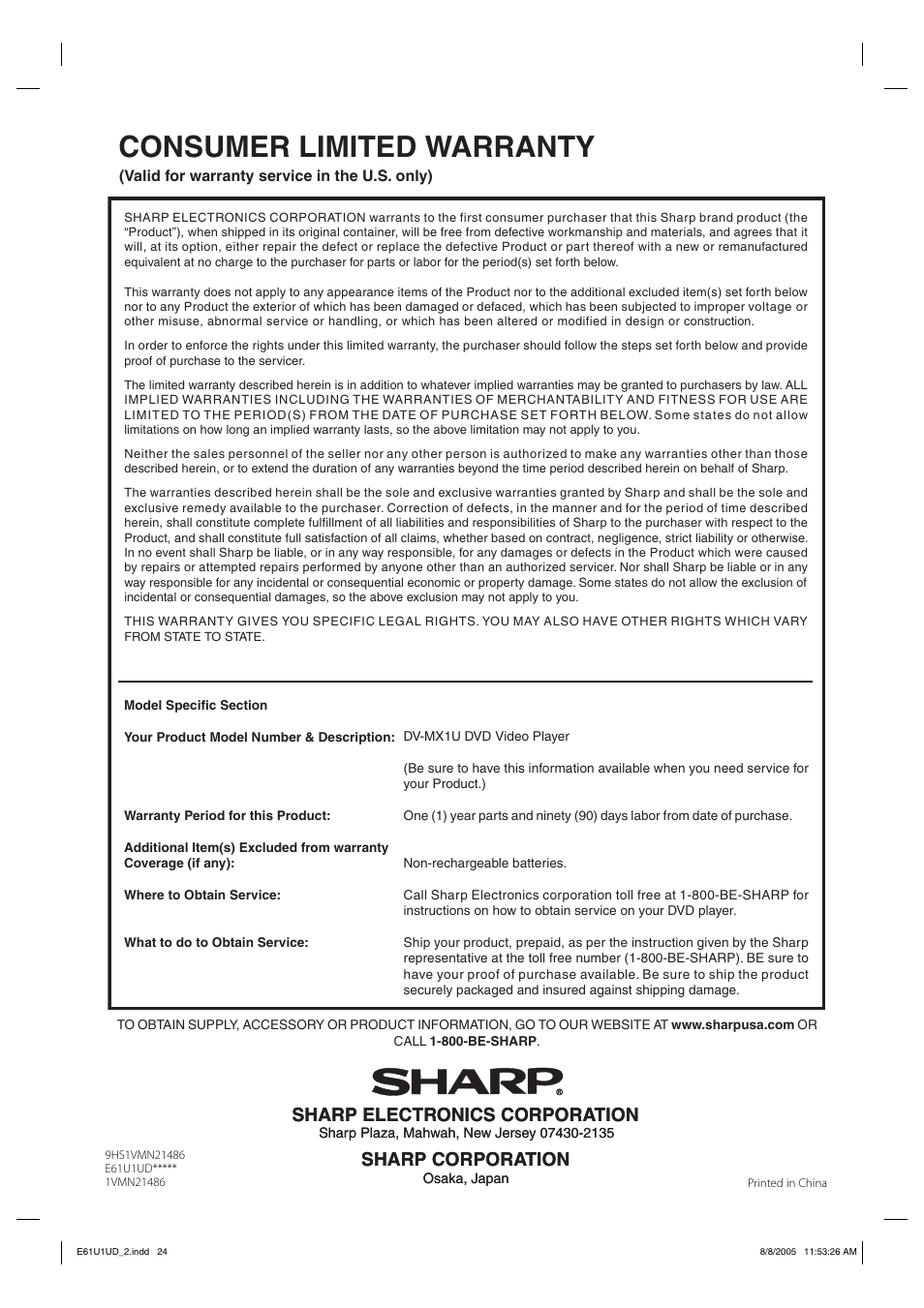 Consumer limited warranty, Sharp electronics corporation, Sharp corporation sharp electronics corporation | Sharp corporation | Sharp DV-MX1U User Manual | Page 24 / 24