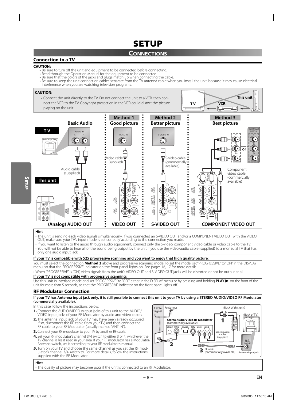 Setup, Connection to a tv, Rf modulator connection | Onnections, Etup | Sharp DV-MX1U User Manual | Page 8 / 24