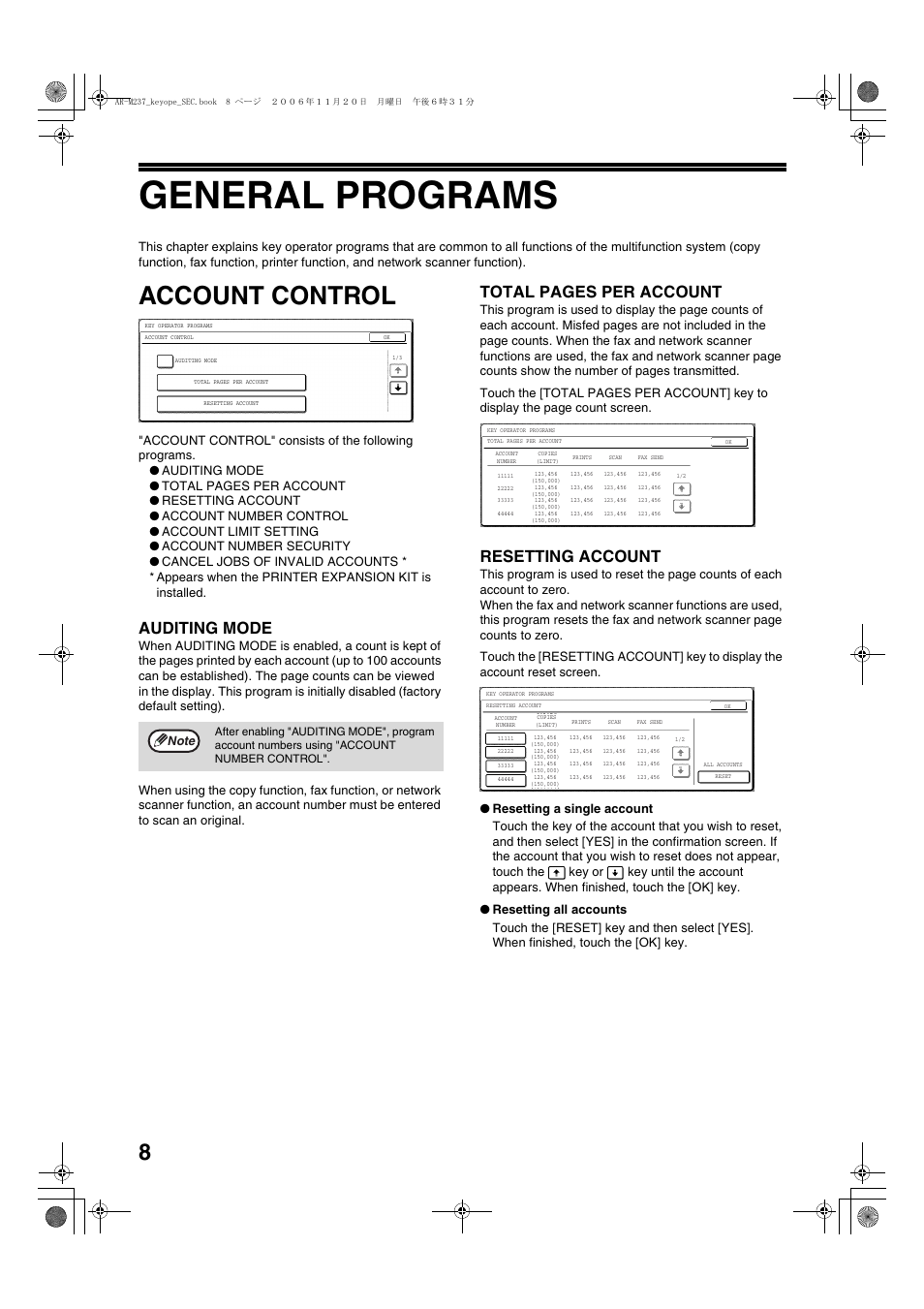 Account control, Auditing mode, Resetting account | Resetting a single account, Resetting all accounts, General programs, Ge 8, Total pages per account | Sharp AR-M257 User Manual | Page 10 / 302