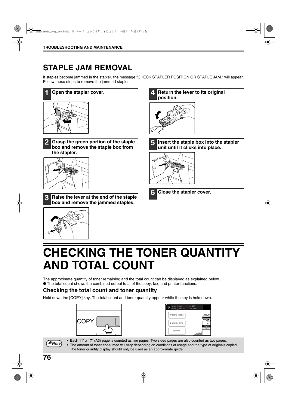 Checking the toner quantity and total count, Staple jam removal | Sharp AR-M257 User Manual | Page 102 / 302