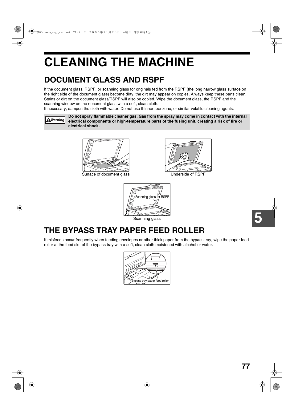 Cleaning the machine, Document glass and rspf, The bypass tray paper feed roller | Sharp AR-M257 User Manual | Page 103 / 302