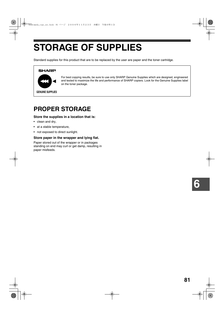 Storage of supplies, Proper storage | Sharp AR-M257 User Manual | Page 107 / 302