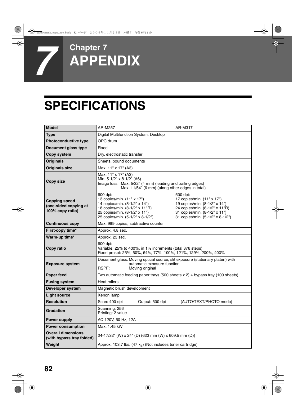 Appendix, Specifications, Chapter 7 | Sharp AR-M257 User Manual | Page 108 / 302