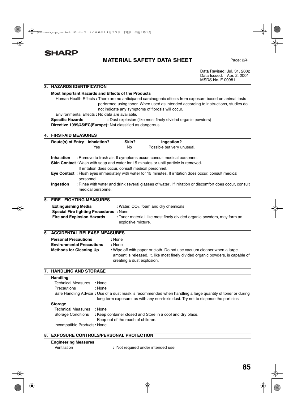 Material safety data sheet | Sharp AR-M257 User Manual | Page 111 / 302